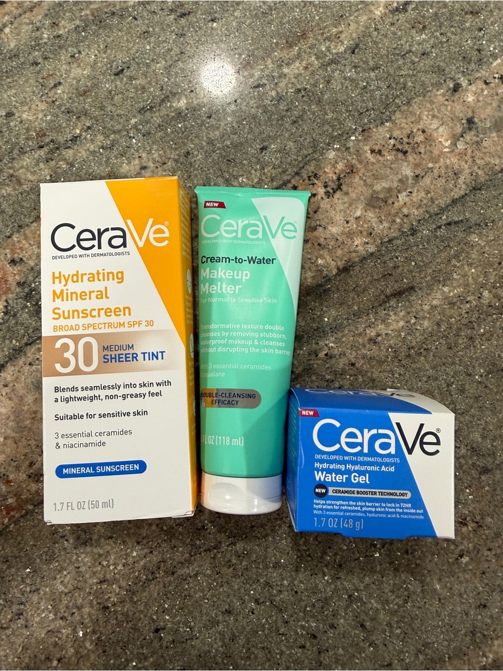 Cerave Hydrating Mineral Sunscreen SPF 30, Makeup Melter, water gel